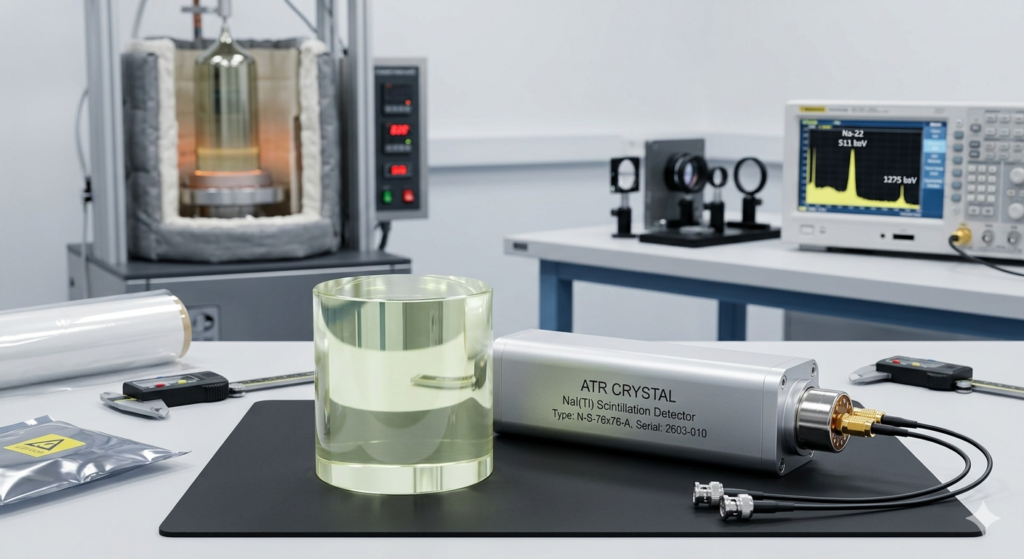 NaI(Tl) is a highly efficient inorganic scintillation material. When struck by ionizing radiation, such as gamma rays or X-rays, the crystal absorbs the energy and converts it into visible light flashes (scintillation). This light is then detected and amplified by photomultiplier tubes (PMTs) or silicon photomultipliers (SiPMs).