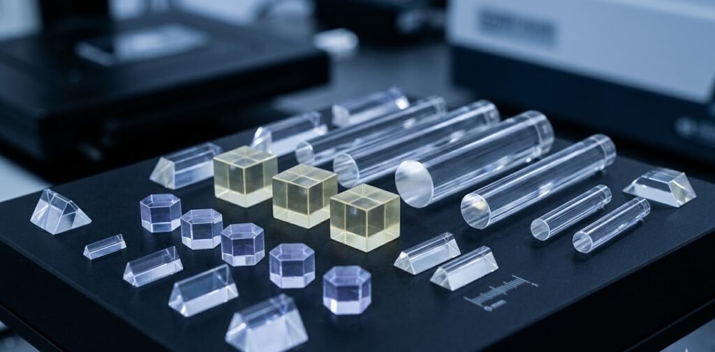 A macro close-up of various engineered scintillation crystals (like LYSO and BGO) under cold technical lighting, highlighting their smooth surfaces and geometric shapes