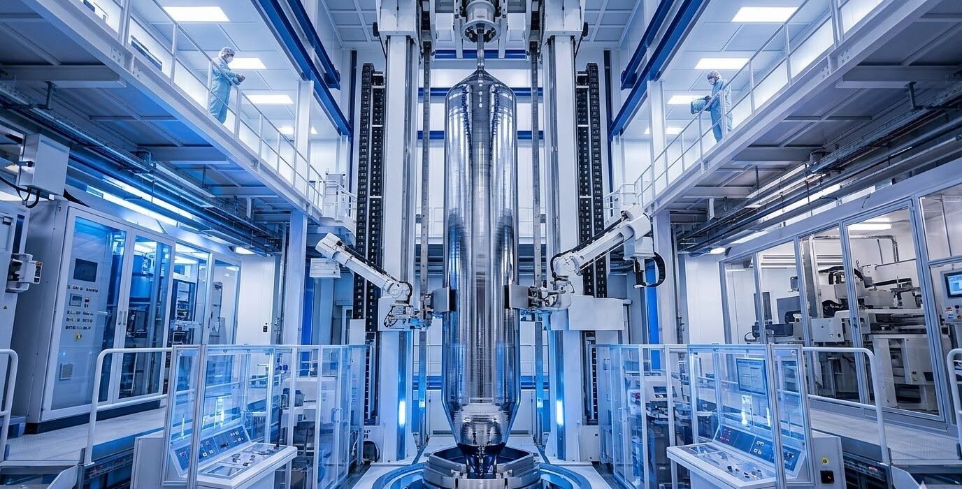 A wide-angle industrial photograph of an engineered single crystal ingot, exceptional in diameter and length, positioned vertically within a complex, futuristic growth facility.