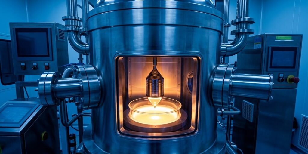 A highly polished Czochralski crystal growth furnace apparatus in operation, focused on the silicon seed and melt, with deep metallic blue tones.