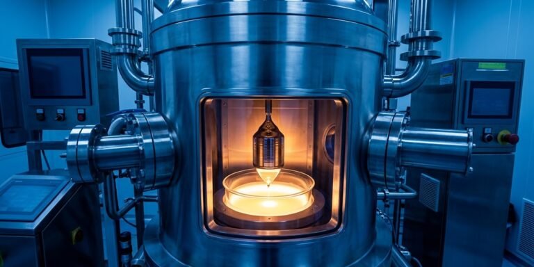 A highly polished Czochralski crystal growth furnace apparatus in operation, focused on the silicon seed and melt, with deep metallic blue tones.